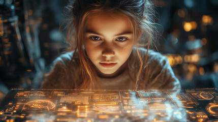 A young girl designing a secure digital portfolio in a futuristic workspace, with holographic tools and digital safety tips displayed around her.