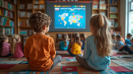 A digital classroom where children are learning about the importance of encryption, with dynamic visual aids and interactive quizzes.