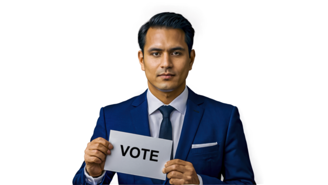 Man in a Suit Holding a Sign That Says Vote Indoors During Election Campaign, Transparent Background