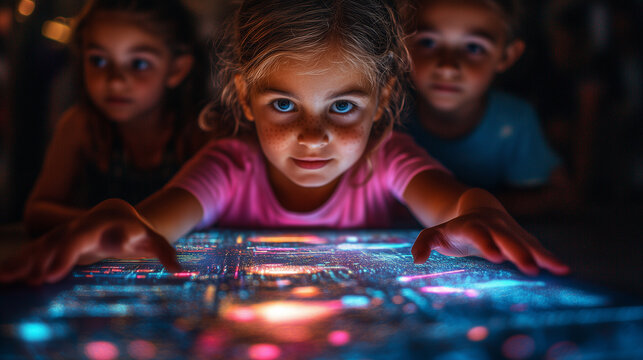 A group of children using augmented reality to explore different aspects of digital citizenship, with vibrant, interactive visuals enhancing their learning experience.