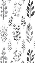 Fototapeta premium Black Branches, Flowers, Leaves, Strokes on White Background, Abstract Image, Texture, Pattern, Wallpaper, Cover and Screen of Smartphone, Cell Phone, Computer, Laptop, 9:16 and 16:9 Format