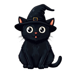 Surprised cartoon black cat with arched back and wide eyes wearing a witch hat isolated on a transparent background 