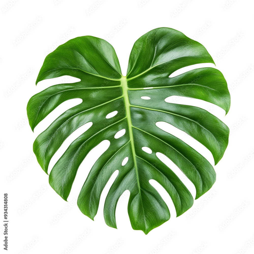 Poster textured monstera adansonii leaf top view with unique cutouts isolated on transparent background