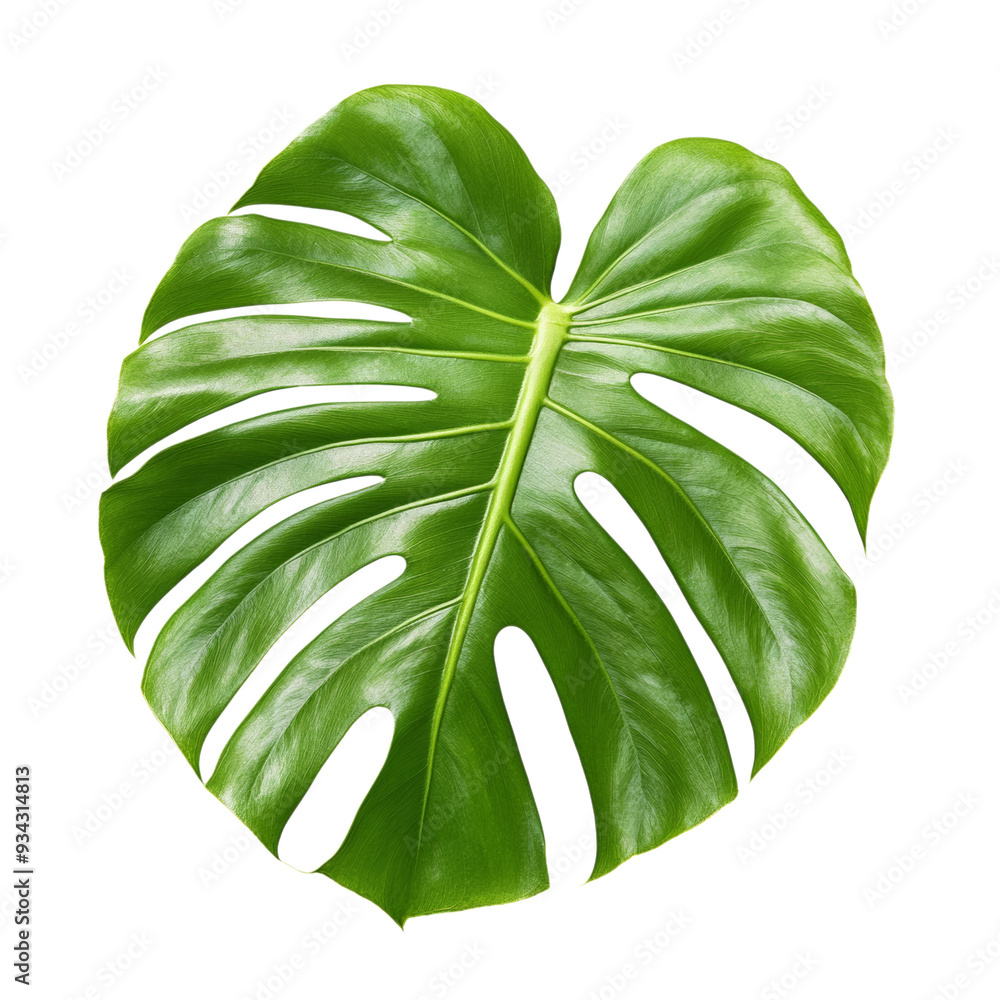 Poster textured monstera adansonii leaf top view with unique cutouts isolated on transparent background