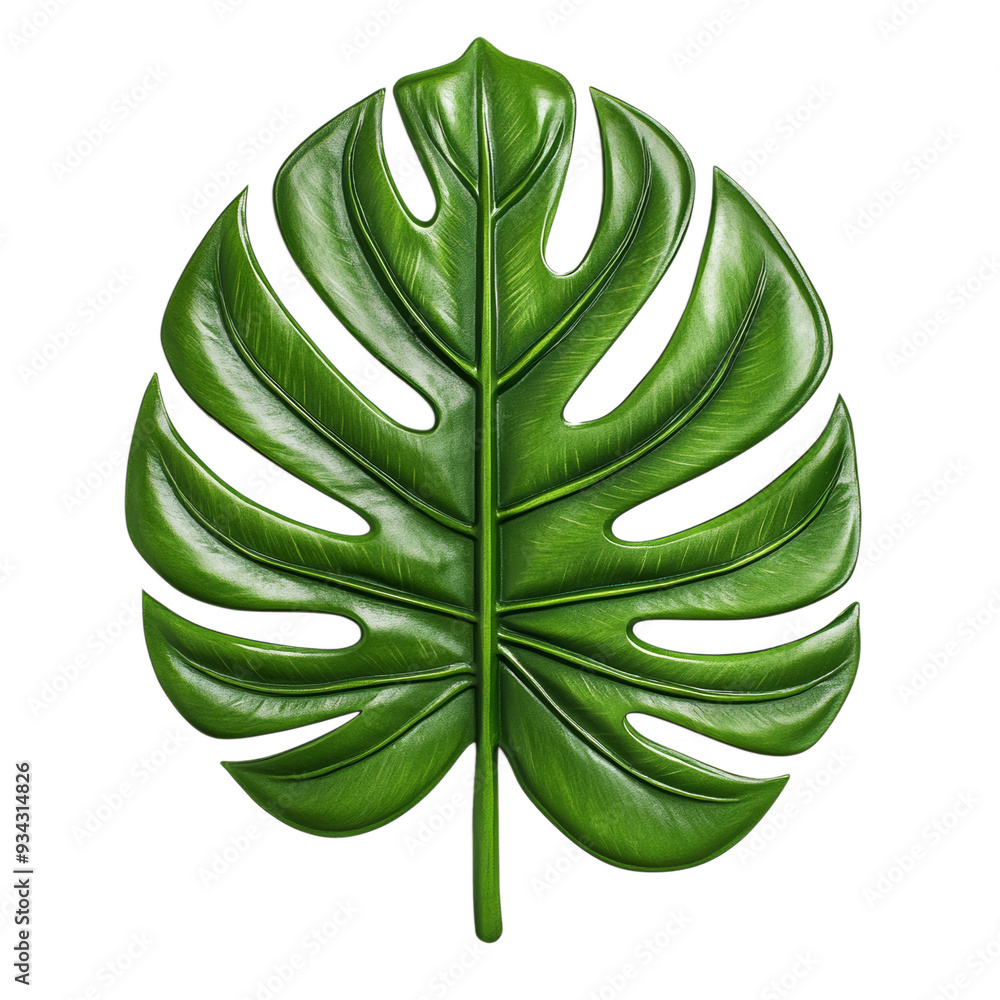 Poster textured monstera adansonii leaf top view with unique cutouts isolated on transparent background