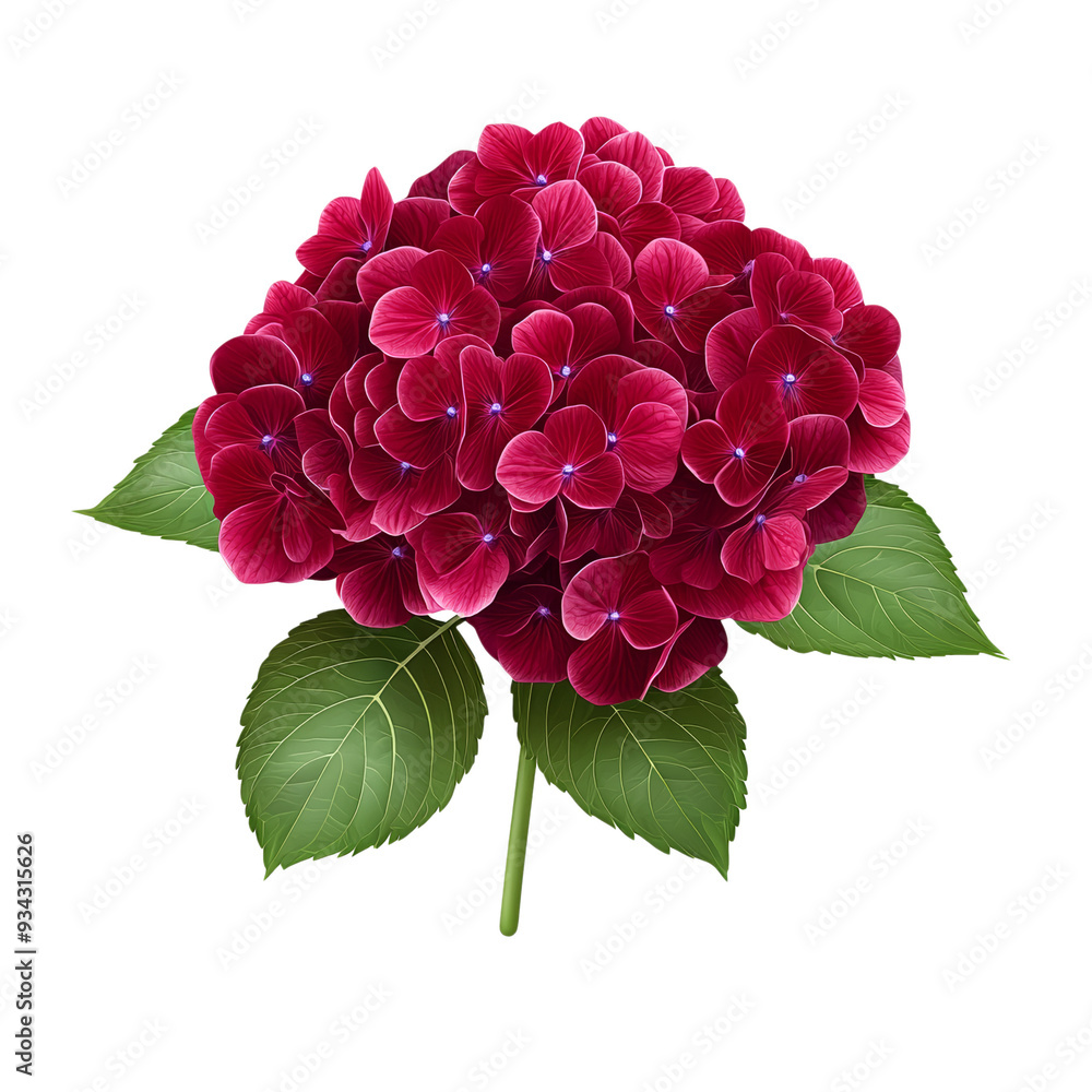 Poster vector style deep burgundy hydrangea cluster with velvety textures and subtle highlights isolated on