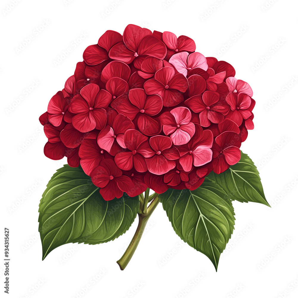 Poster vector style deep burgundy hydrangea cluster with velvety textures and subtle highlights isolated on