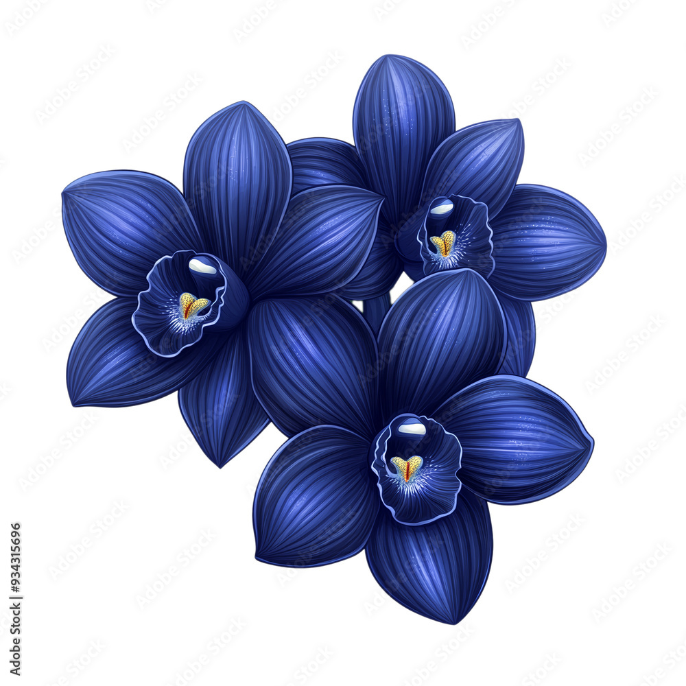 Sticker Vector style deep indigo orchid with smooth petals and glowing highlights isolated on transparent background 