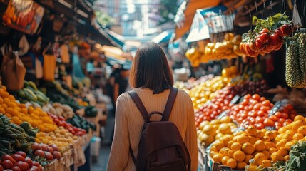 Obraz premium Cultural exploration with a traveler visiting a traditional market in a foreign country, vibrant colors, and bustling activity, Cultural, Bright, High Detail