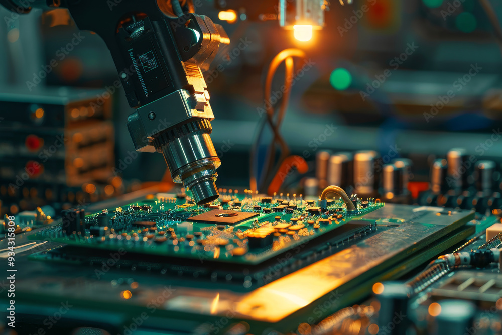 Poster a close up of a computer chip being inspected under a microscope