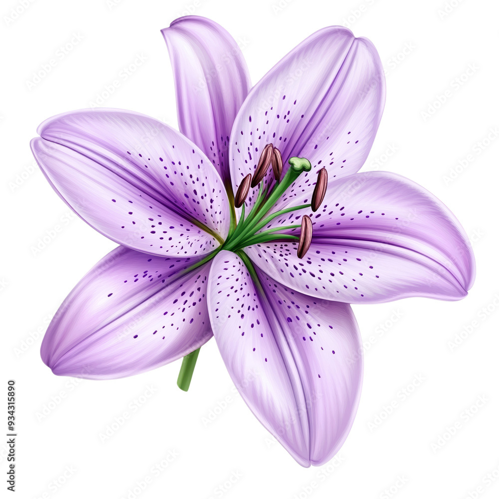 Poster vector style lavender colored lily with soft purple gradients and delicate stamen isolated on transp