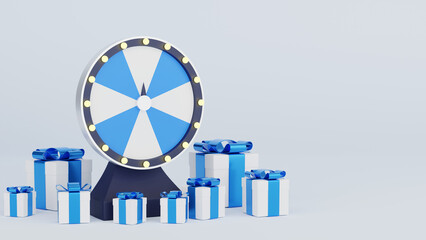 Spinning fortune wheel with gift boxes, lucky roulette, online promotion events, 3D render illustration