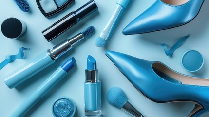 A flat lay showcasing various blue makeup products and two blue heels.