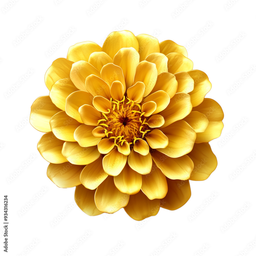 Poster vector style shimmering gold zinnia with textured petals and glowing edges isolated on transparent b