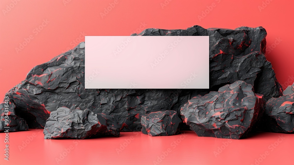 Poster textured black rocks against bright red background with blank space for design elements