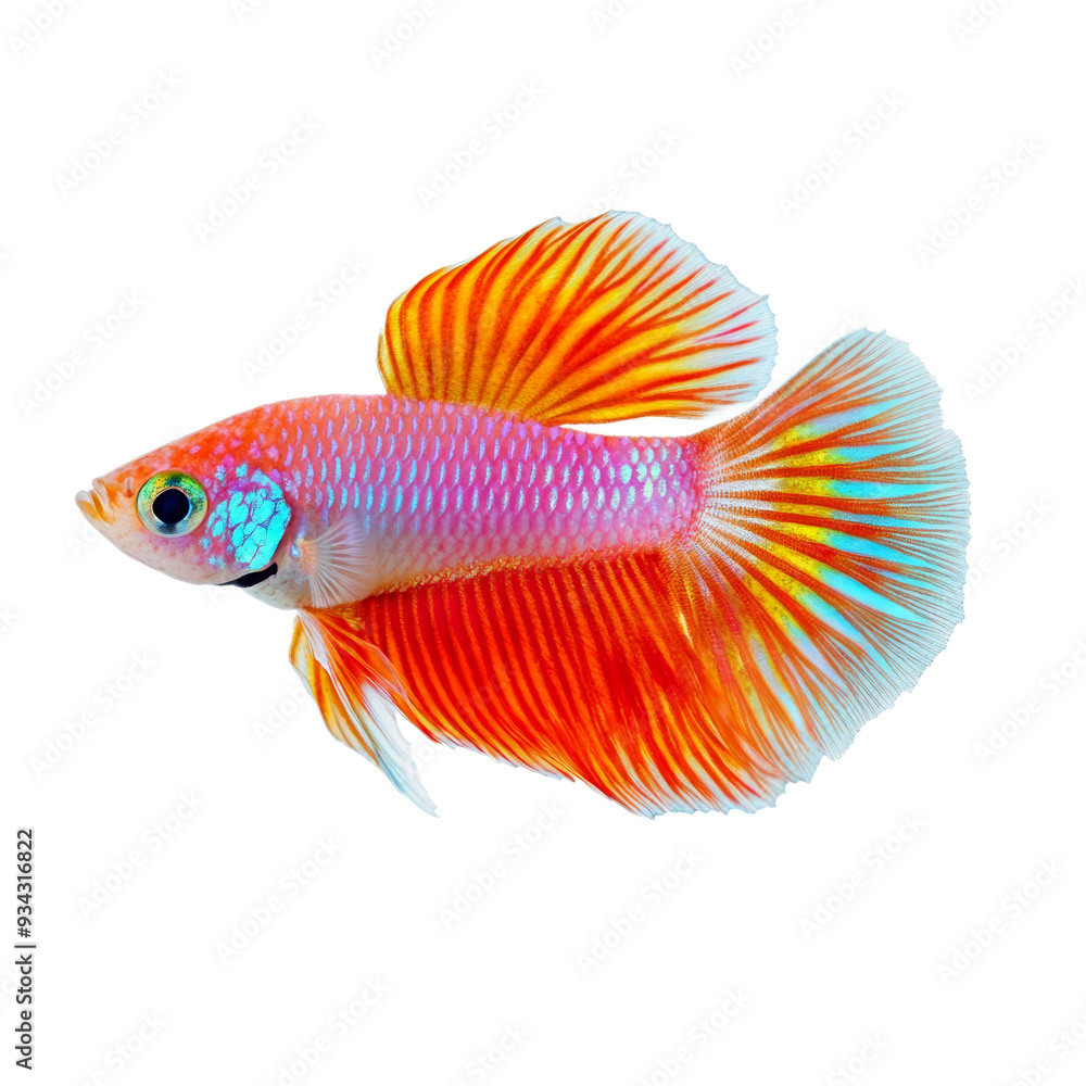 Poster vibrant guppy fish with colorful patterns and fan shaped tail isolated on transparent background