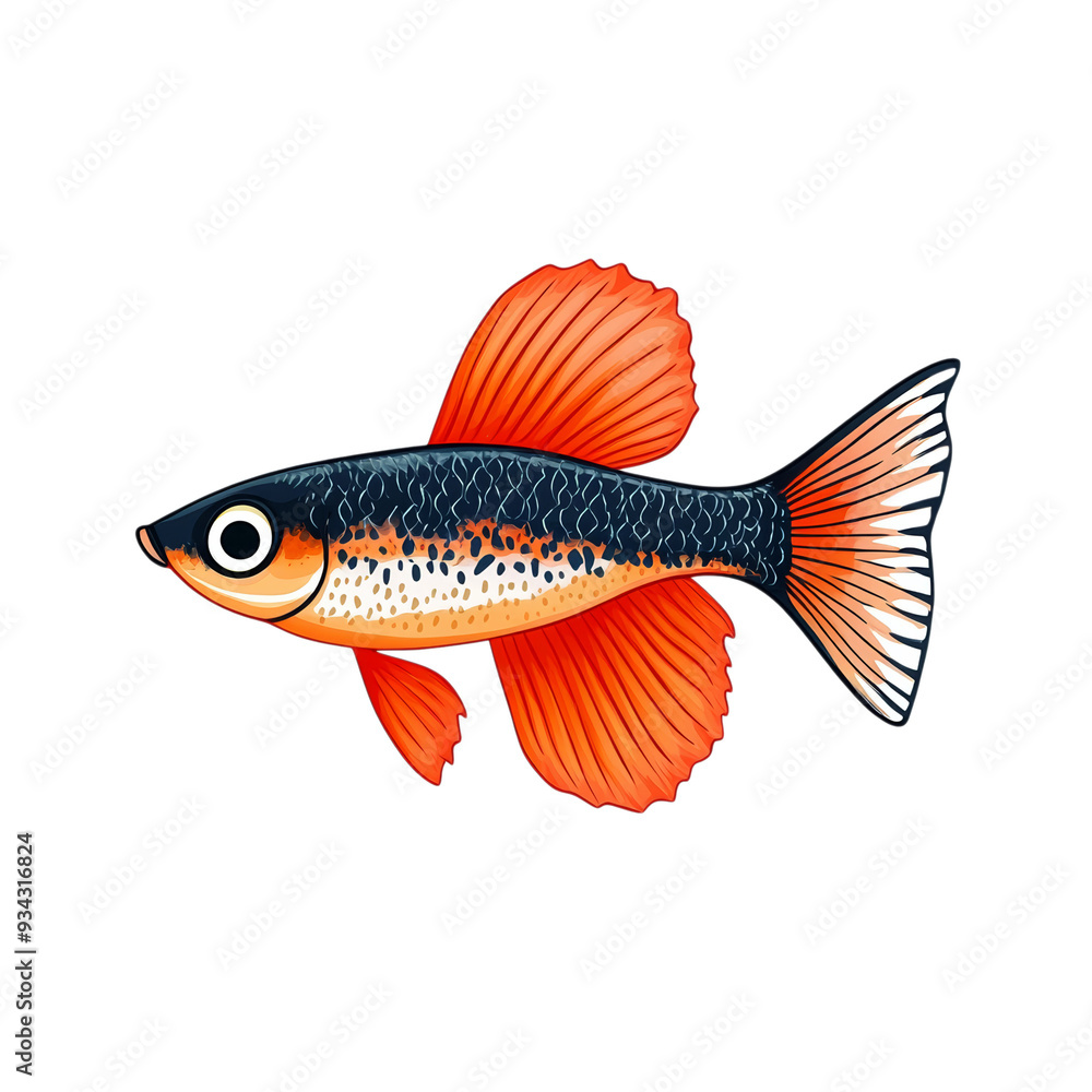 Poster vibrant guppy fish with colorful patterns and fan shaped tail isolated on transparent background