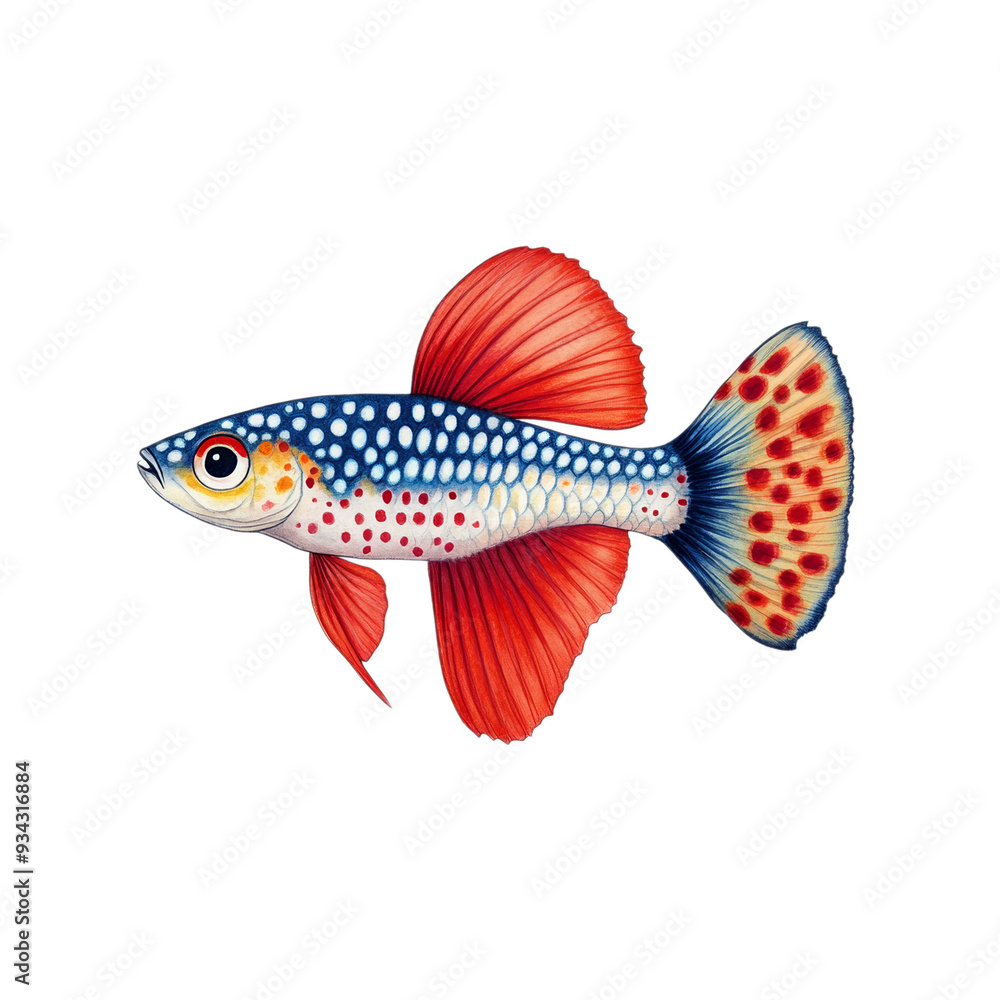 Poster vibrant guppy fish with colorful patterns and fan shaped tail isolated on transparent background