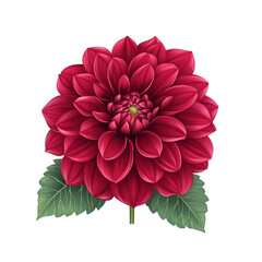 Vibrant vector style dahlia with rich burgundy petals and lush green leaves isolated on transparent background 