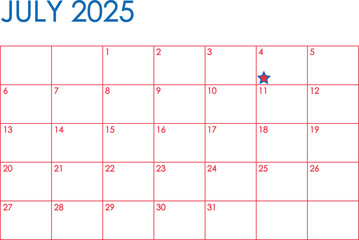 July 2025 month calendar. Simple design in red and blue colors and a star marking Independence Day on the Fourth of July