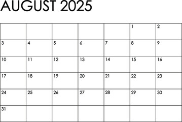 August 2025 month calendar. Simple black and white design