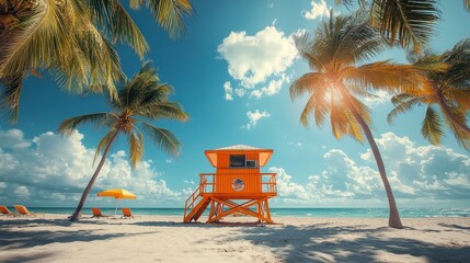 Lifeguard tower on a sunny beach with clear blue skies and palm trees