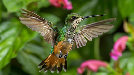 Fototapeta premium Amazon Black-eared Fairy hummingbird in mid-flight, its wings and body creating a dynamic scene