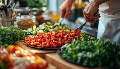 Obraz premium Healthy meal prep in a bright kitchen, with fresh vegetables and lean proteins being prepared, Vibrant, Bright, Detailed