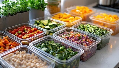 Obraz premium Healthy meal prep in a bright kitchen, with fresh vegetables and lean proteins being prepared, Vibrant, Bright, Detailed