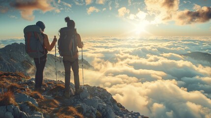 Fototapeta premium Men with trekking poles standing at the summit, overlooking a cloud-filled valley, the sun breaking through the clouds