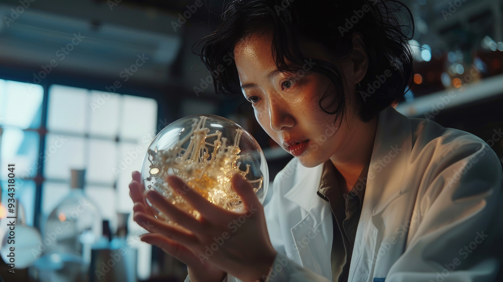 Poster a researcher closely studies a luminous orb containing complex structures in a contemporary lab envi