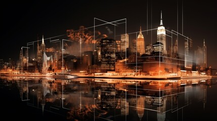 Night wireframe interface with directional arrows against urban new york city skyline