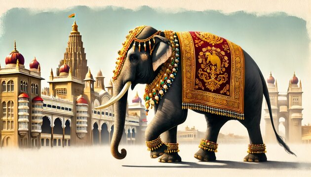 Poster illustration for mysore dasara with elephant and palace.