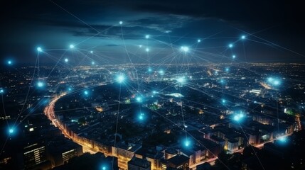 Obraz premium Urban night skyline showcasing holographic network display in a modern city setting