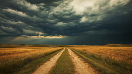 A dirt road cutting through a field with a looming thunderstorm in the distance, adding drama to the scene. 