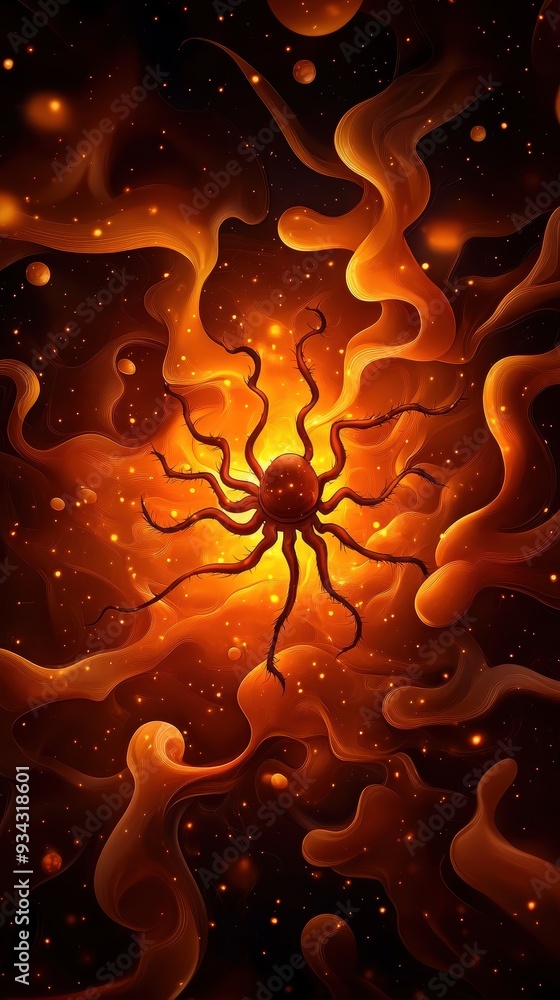 Poster a mesmerizing abstract design featuring swirling shapes and vibrant colors, evoking cosmic energy an