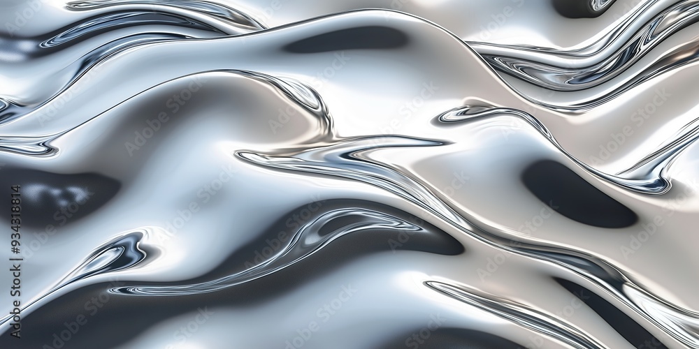Poster abstract silver liquid metal waves splashing and flowing in a smooth, shiny texture with reflections