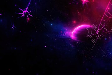 A fascinating cosmic scene with colorful planets and intricate webs against a starry background, and spiders with webs, evoking mystery and wonder.