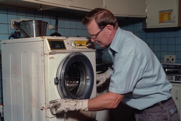 Obraz premium practical home maintenance, professional worker repairing a household washing machine, demonstrating technical expertise and care