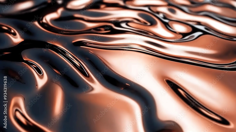 Poster abstract liquid bronze background with smooth, reflective swirls and ripples, creating a mesmerizing