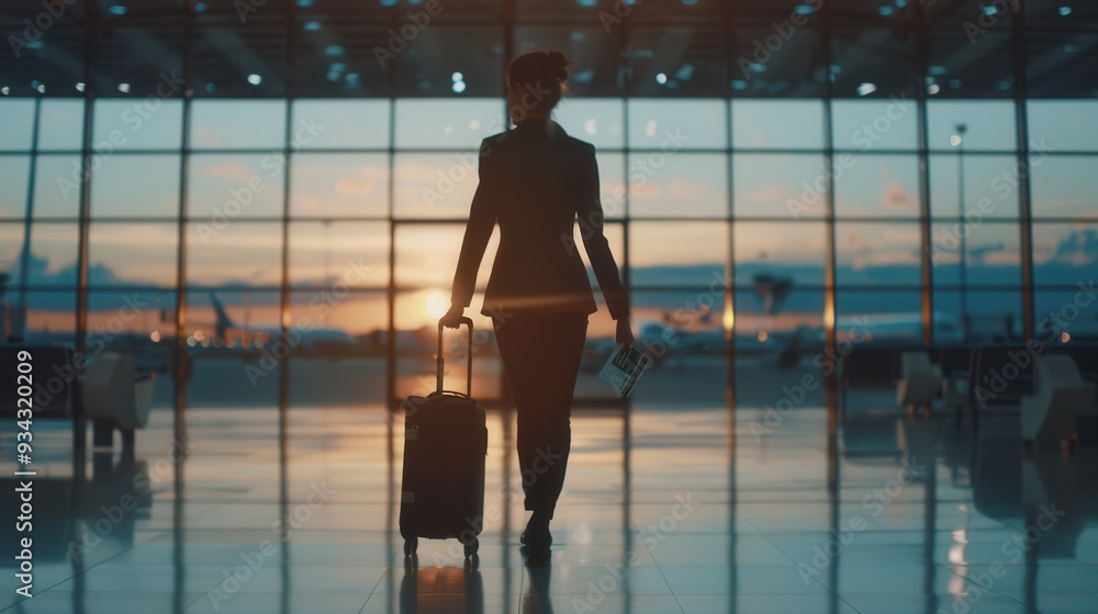 Poster a flight attendant navigates the airport terminal with a suitcase, enjoying the beautiful sunset thr