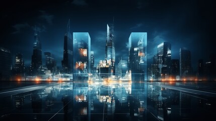 Futuristic urban night skyline with holographic network display in a modern cityscape