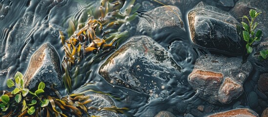 Stones In Seaweed In The Sea