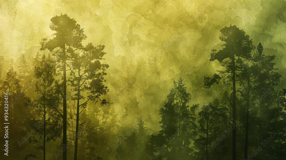 Poster a painting of a forest with trees in the foreground and background