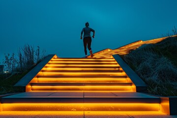 runner running up the stairs, which glow with yellow lights against the background of a dark blue sky at night.