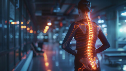 A woman is standing in a hallway with a skeleton on her back