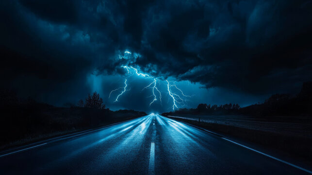 A nighttime road lit by lightning bolts, framed by stormy weather, creating a tense atmosphere. 
