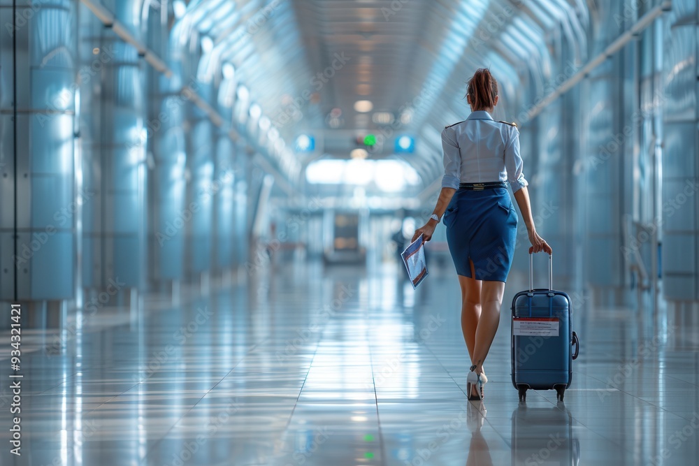 Poster a flight attendant carries a suitcase while walking through an empty airport terminal, reflecting th