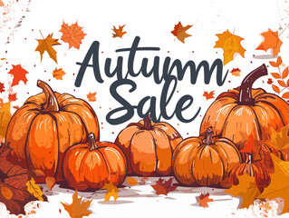 Autumn sale banner with pumpkins and leaves. Vector illustration.