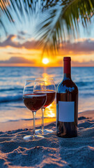 Wine on the beach at sunset with palm silhouette